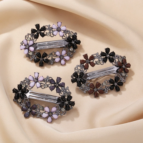 Vintage Zinc Alloy Floral Rhinestone Spring Hair Clip For Women Retro Oval Flower Hairpin Ethnic Jewelry Hair Accessories