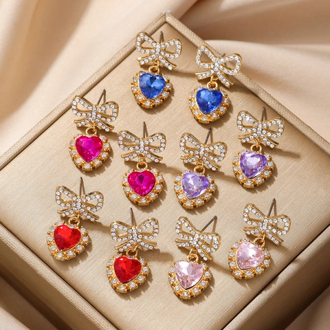 Dames Elegante Legering Strik Hart Hangende Oorbellen Verguld Zoete Strass Kristal Druppel Oorbellen Voor Feest Cadeau