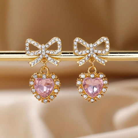 Dames Elegante Legering Strik Hart Hangende Oorbellen Verguld Zoete Strass Kristal Druppel Oorbellen Voor Feest Cadeau