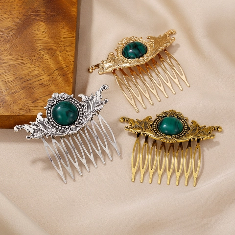 Vintage Hair Comb Baroque Filigree Alloy Green Malachite Style Resin Stone Ethnic Hairpin Wedding Accessory For Women