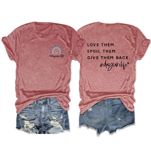 Women Short Sleeve T-Shirt Cotton Blend Crew Neck Rainbow Love Them Spoil Them Letter Print Summer Casual Streetwear Top