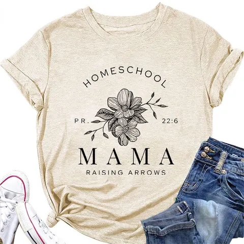 Damen Casual Baumwollmischung Rundhals Kurzarm T-Shirt Homeschool Mama Raising Arrows Blumen Druck Tee Oberteil