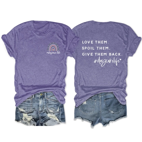 Women Short Sleeve T-Shirt Cotton Blend Crew Neck Rainbow Love Them Spoil Them Letter Print Summer Casual Streetwear Top