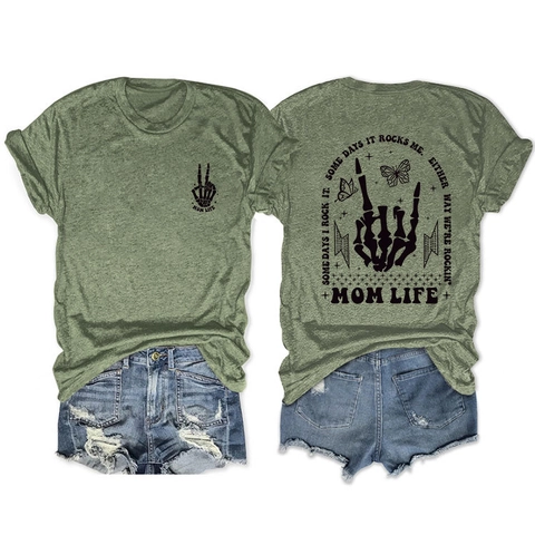 Women's Casual Cotton Blend T-Shirt Rock Skull Print Mom Life Graphic Short Sleeve Round Neck Loose Summer Top