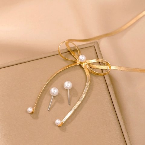 Bow Knot Artificial Pearl Necklace And Stud Earrings Copper Golden Snake Chain Elegant Women Fashion Jewelry Accessories