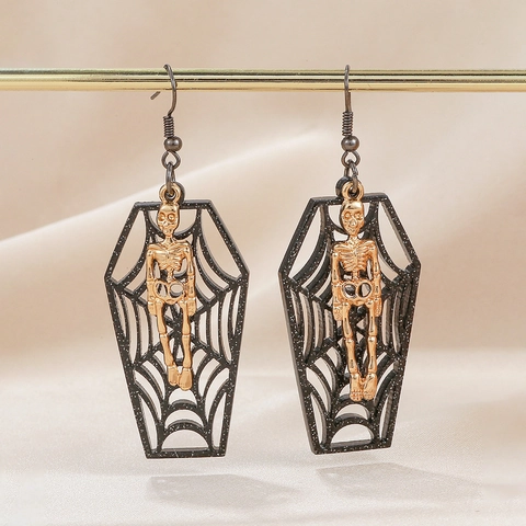 Gotische Skelet Doodskist Hangende Oorbellen Legering Spinnenweb Halloween Donkere Punk Stijl Sieraden Voor Dames