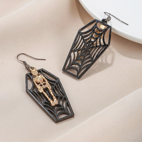 Gotische Skelet Doodskist Hangende Oorbellen Legering Spinnenweb Halloween Donkere Punk Stijl Sieraden Voor Dames