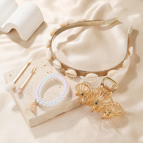 Ocean Shell Hair Accessories Headband Hair Claw Spiral Hair Tie And Hair Clips Alloy Elegant Beach Vacation For Women