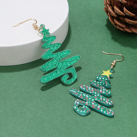 Christmas Tree Drop Earrings Acrylic Glitter Festive Holiday Party Jewelry For Women Gold Tone Metal Hooks