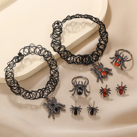Gothic Dunkler Stil Halloween Spinne Schmuckset Legierung Rot Schwarz Strass Kropfkette Halskette Ohrringe Ring Damen Party Accessoire