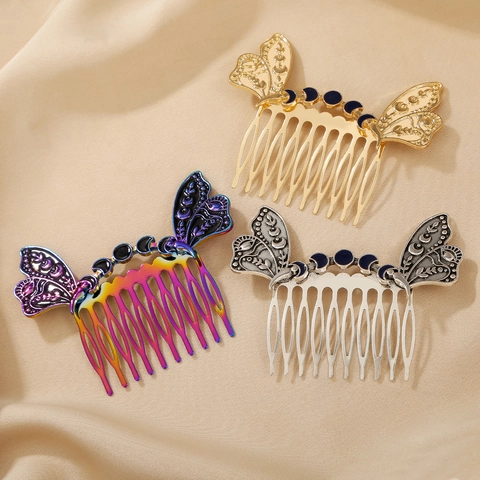 Vintage Alloy Butterfly Wings Moon Phase Hair Comb Enamel Decorative Side Comb For Halloween Party Women Bohemian Gothic