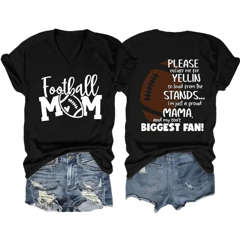 Women's Football Mom V-Neck T-Shirt Casual Short Sleeve Summer Graphic Tee Comfortable Cotton Blend Athleisure Sports Top
