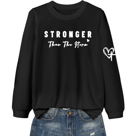 Women Casual Cotton Blend Sweatshirt Stronger Than The Storm Letter Print Heart Cross Long Sleeve Crew Neck Pullover Top