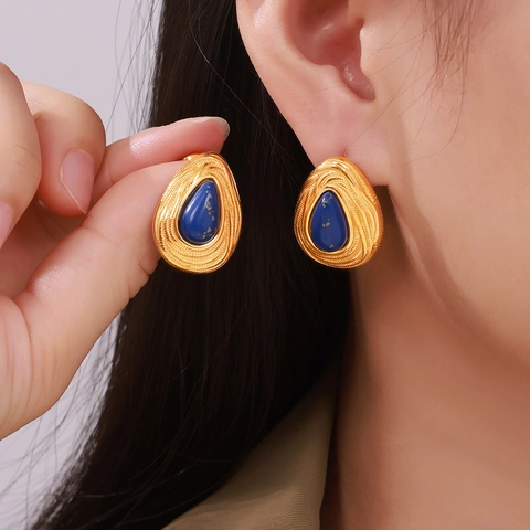 Orecchini A Lobo A Goccia Lapislazzuli Naturale Acciaio Inossidabile Placcato Oro 18K Gioielli Vintage Per Donna