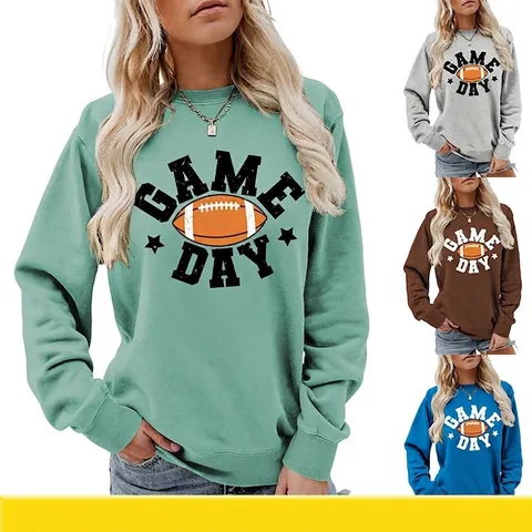 Sweatshirt Décontracté en Mélange de Coton pour Femmes Col Rond Manches Longues Imprimé Football Game Day Pull Sportif