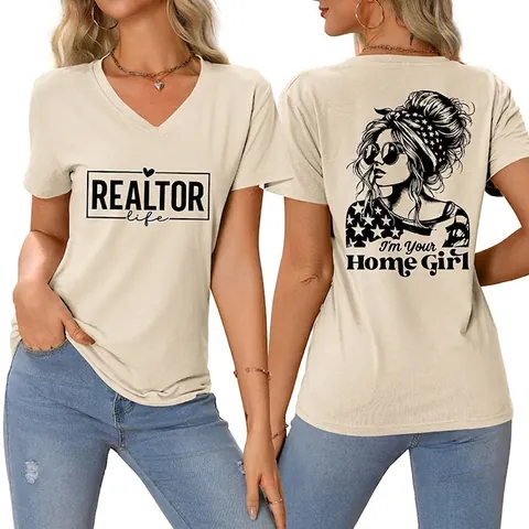 Camiseta Casual Holgada para Mujer con Cuello en V Manga Corta Estampado Gráfico Realtor Life Home Girl Verano Tops