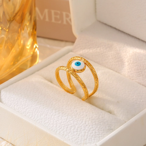 Anillo De Ojo Turco De Acero Inoxidable Ajustable Banda Doble Textura Martillada Amuleto De Ojo Esmalte Azul Joyería Para Mujer