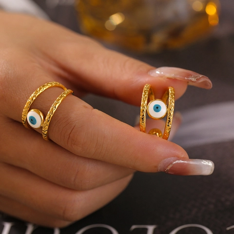 Anillo De Ojo Turco De Acero Inoxidable Ajustable Banda Doble Textura Martillada Amuleto De Ojo Esmalte Azul Joyería Para Mujer