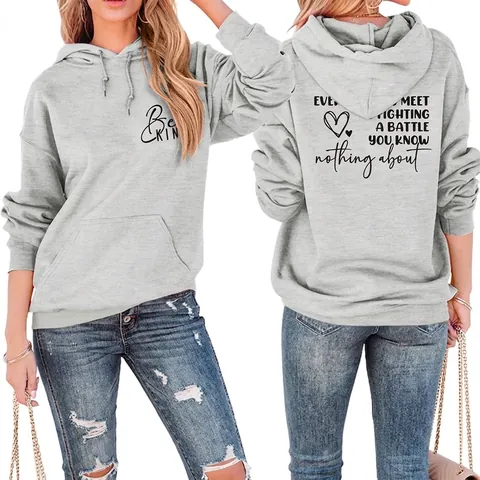 Women Casual Cotton Blend Oversized Hoodie Be Kind Letter Print Heart Graphic Quote Long Sleeve Pullover Sweatshirt Daily Top
