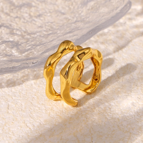 Minimalistischer Irregulärer Wellenring Flüssigmetall Lava Stil Kupfer Vergoldet 18k Gold Geometrischer Offener Schmuck