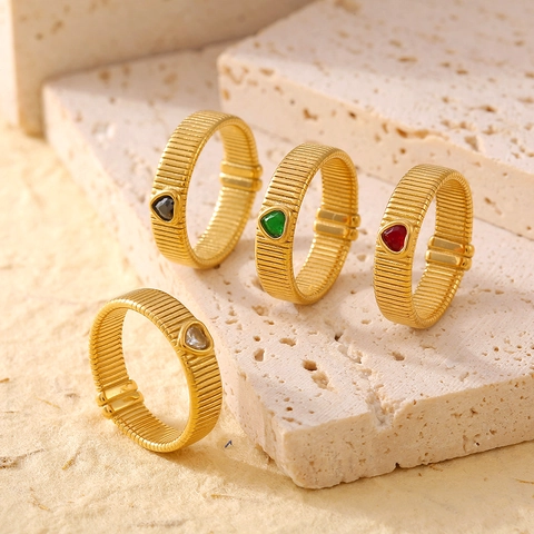 Vintage Edelstahl Gerippt Herz Glasstein Ring Für Damen 18K Vergoldet Bunter Herzform Band Fingerschmuck