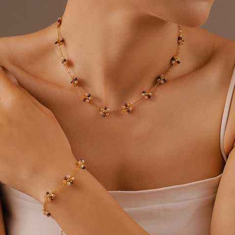 Handmade Flower Glass Bead Necklace Bracelet And Anklet Bohemian Titanium Steel Gold Chain For Women