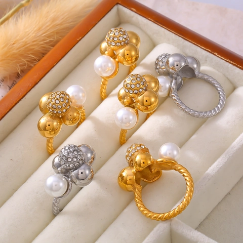 Anillo Vintage de Acero de Titanio Bañado en Oro 18K Perla Artificial de Imitación Diamante Checo para Mujer Cuerda Trenzada Joyas