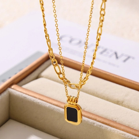 Collar De Doble Capa Acero De Titanio Acrílico Negro Colgante Rectangular Cadena Fígaro Joyería De Moda Para Mujer