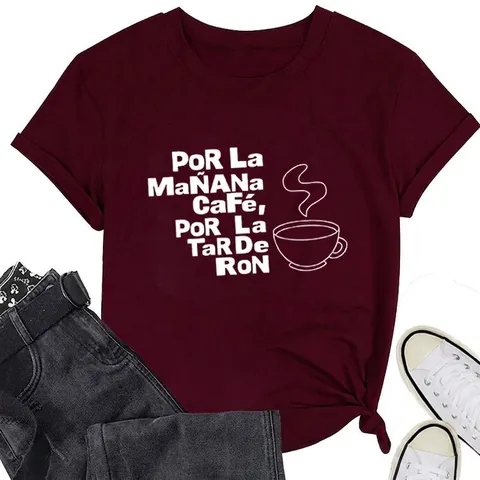 Damen T-Shirt Baumwollmischung Rundhals Kurzarm Spanischer Slogan Kaffee Druck Lässig Locker Sommer Oberteil