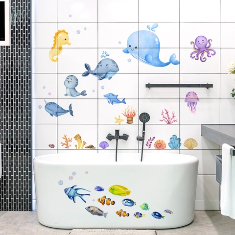 Cartoon Ocean Life Whale Bathtub Stickers Waterproof PVC Sea Animal Wall Decals For Kids Bathroom Nursery Home Decor