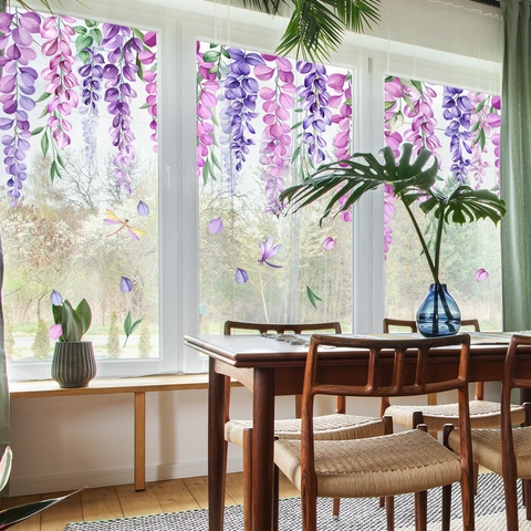 Αυτοκόλλητα Τοίχου Άνθη Γλυσίνας Μωβ Ροζ Floral Κλήμα Παραθύρου Αδιάβροχο PVC Αυτοκόλλητα Διακοσμητικά Σπιτιού