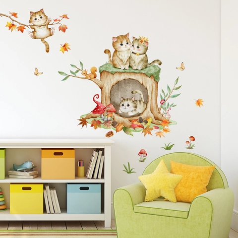 Cute Cartoon Cat Tree House Wall Sticker Watercolor Autumn Forest Animal Decal For Kids Bedroom Nursery Home Decor