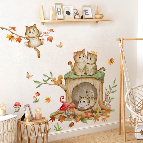 Cute Cartoon Cat Tree House Wall Sticker Watercolor Autumn Forest Animal Decal For Kids Bedroom Nursery Home Decor