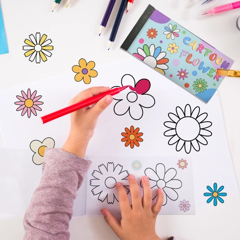 Autocollants Muraux À Colorier Fleurs De Dessin Animé Papier Autocollant Avec Marqueurs Pour Enfants Jouet Éducatif DIY