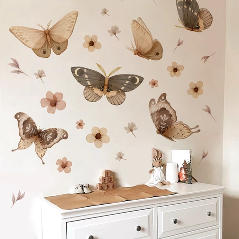 Vintage Watercolor Butterfly And Floral Wall Stickers PVC Removable Art Decal For Living Room Bedroom Home Wall Decoration