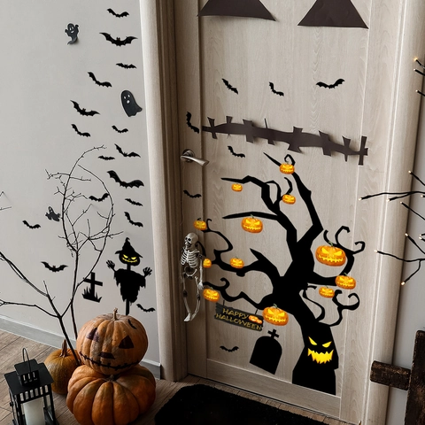 Halloween Wall Stickers Set Pumpkin Bat Withered Tree Scarecrow Silhouette PVC Decals For Living Room Bedroom Party Home Decoration