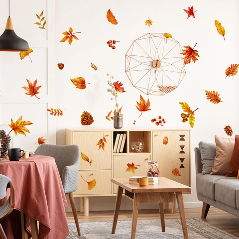 Autumn Maple Leaves Pine Cones Wall Stickers Watercolor PVC Fall Decals For Living Room Bedroom Cabinet Decoration