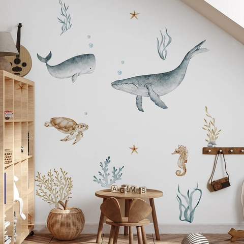 Aquarel Zeedieren Muurstickers PVC Walvis Schildpad Zeepaardje Decor Voor Kinderkamer