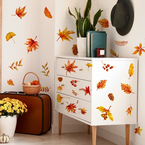 Autumn Maple Leaves Pine Cones Wall Stickers Watercolor PVC Fall Decals For Living Room Bedroom Cabinet Decoration