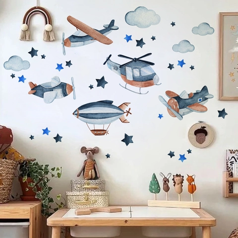 Pegatinas de Pared de Aviones de Dibujos Animados en Acuarela Nubes y Estrellas para Decoración de Habitaciones Infantiles PVC Autoadhesivo Estilo Nórdico