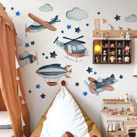 Pegatinas de Pared de Aviones de Dibujos Animados en Acuarela Nubes y Estrellas para Decoración de Habitaciones Infantiles PVC Autoadhesivo Estilo Nórdico