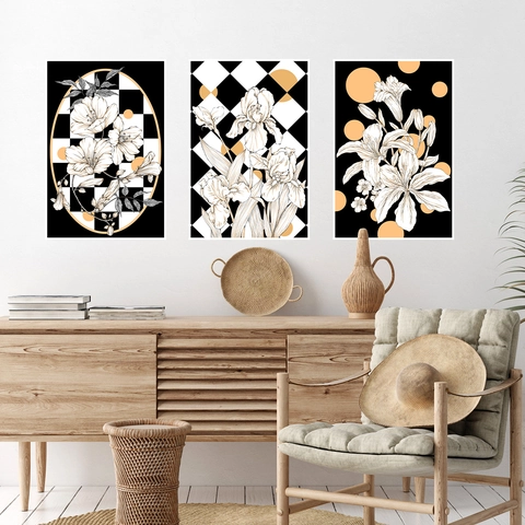 Nordic Botanical Floral Wall Stickers Set 3 Pieces Black White Orange Geometric Pattern PVC Posters for Home Decoration