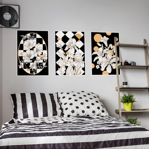 Nordic Botanical Floral Wall Stickers Set 3 Pieces Black White Orange Geometric Pattern PVC Posters for Home Decoration