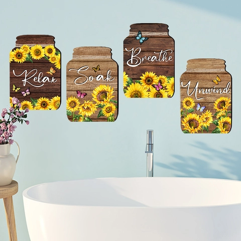 4Piezas Pegatinas de Pared de Baño Girasol Diseño Tarro Mason Grano de Madera Relax Soak Breathe Unwind PVC Calcomanías