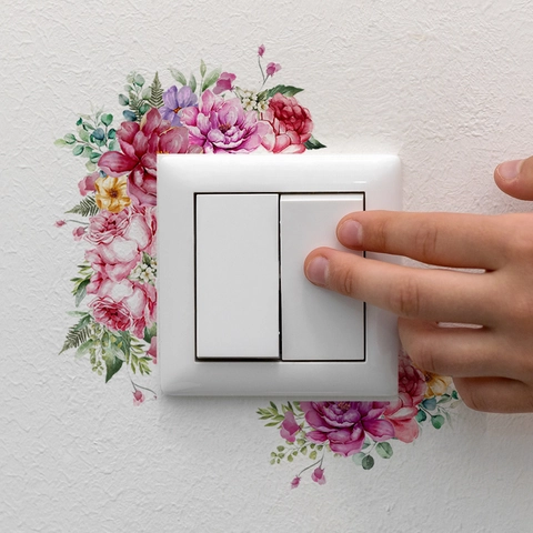 Autocollant d'Interrupteur en PVC Fleurs Aquarelle Décalcomanie Murale Amovible pour Salon Chambre Décoration Maison Stickers