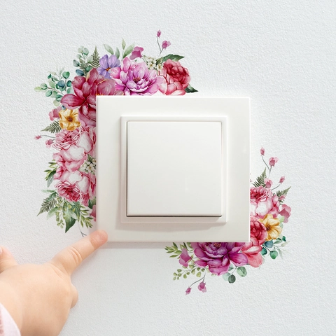 Watercolor Floral Switch Sticker PVC Waterproof Wall Decal Pink Purple Rose Flower Self Adhesive Home Bedroom Living Room Decor