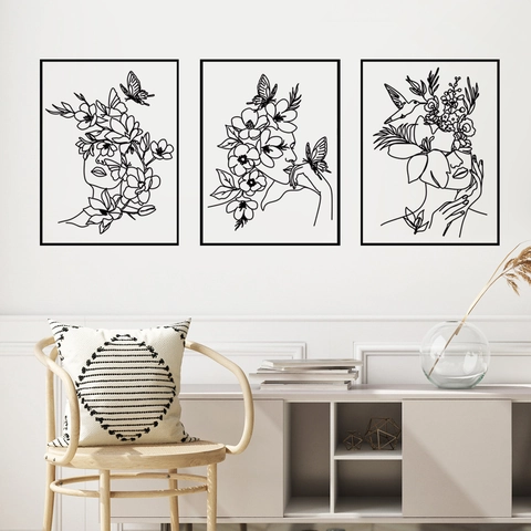 Abstract Woman Face Line Art Wall Stickers Minimalist Butterfly Flower Botanical Decals For Living Room Bedroom Home Decoration