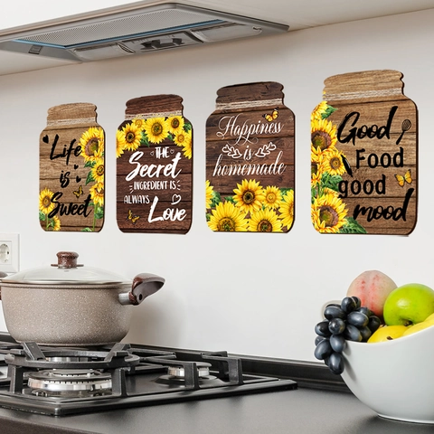 Stickers Muraux Bocal Mason avec Tournesols et Citations Inspirantes en PVC Auto-adhésif Imperméable pour Cuisine et Salle à Manger