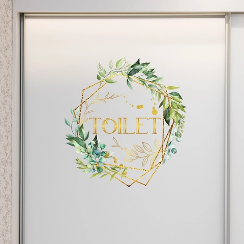 Adhesivo de PVC Impermeable para Puerta de Baño Corona de Plantas Verdes Marco Geométrico Dorado Vinilo de Pared para Hogar