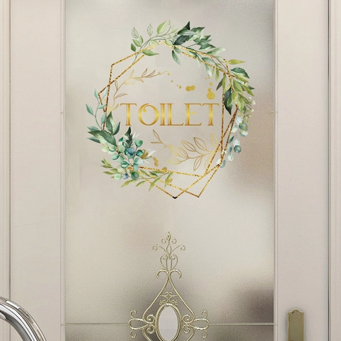 Adhesivo de PVC Impermeable para Puerta de Baño Corona de Plantas Verdes Marco Geométrico Dorado Vinilo de Pared para Hogar